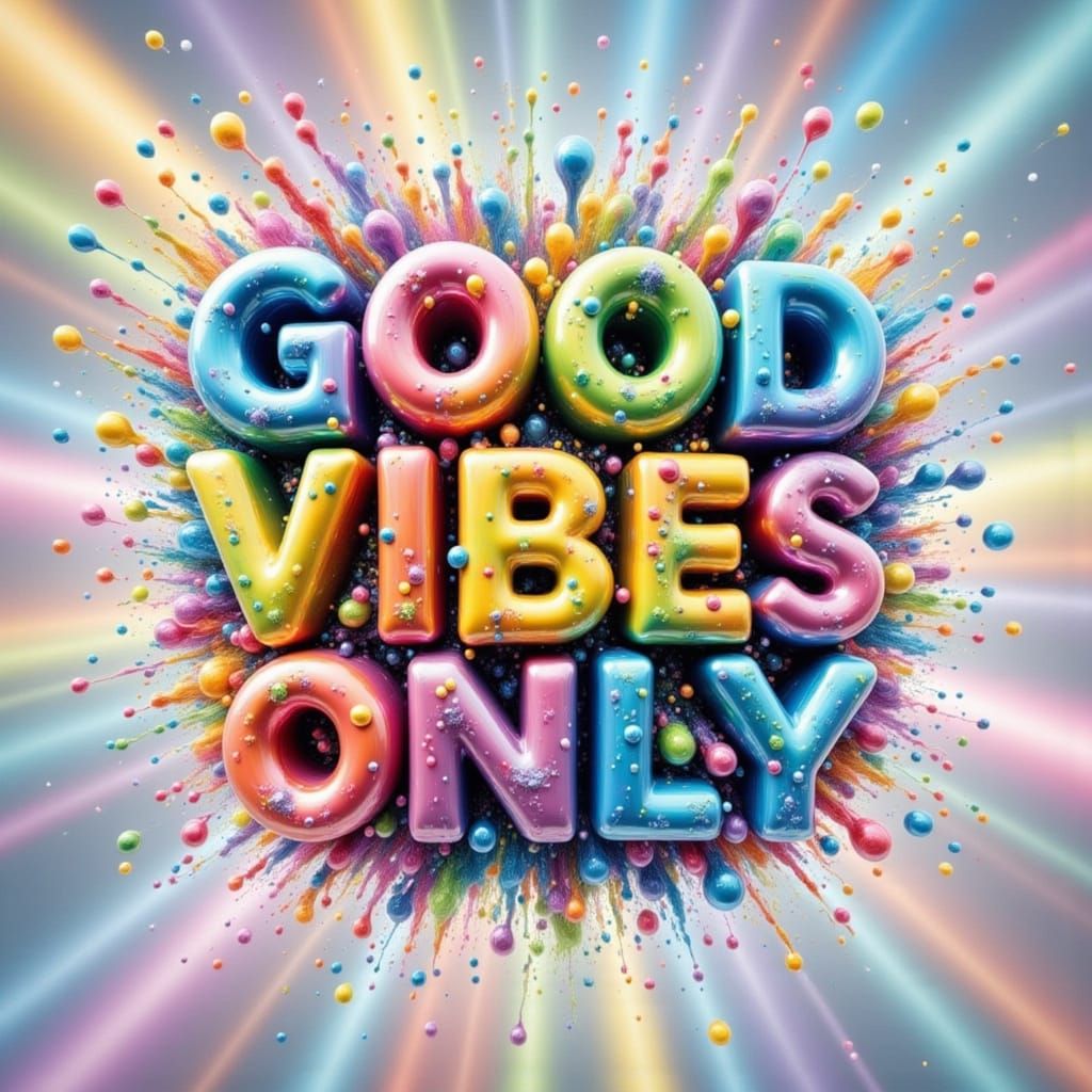 Iridescent Bubble Letters Spell GOOD VIBES ONLY with Glitter