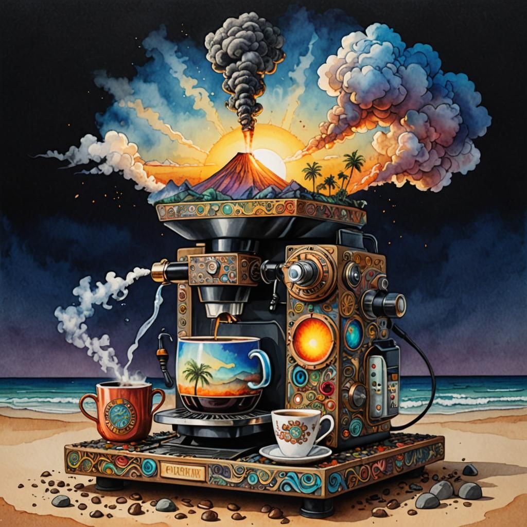 Steampunk Coffee Machine at Volcanic Beach Sunrise
