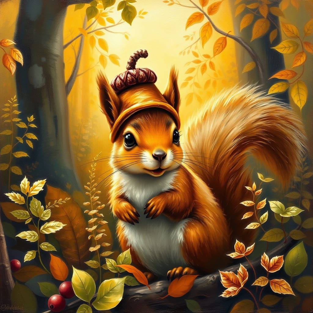 Whimsical Forest Squirrel in Golden Oil Painting Style
