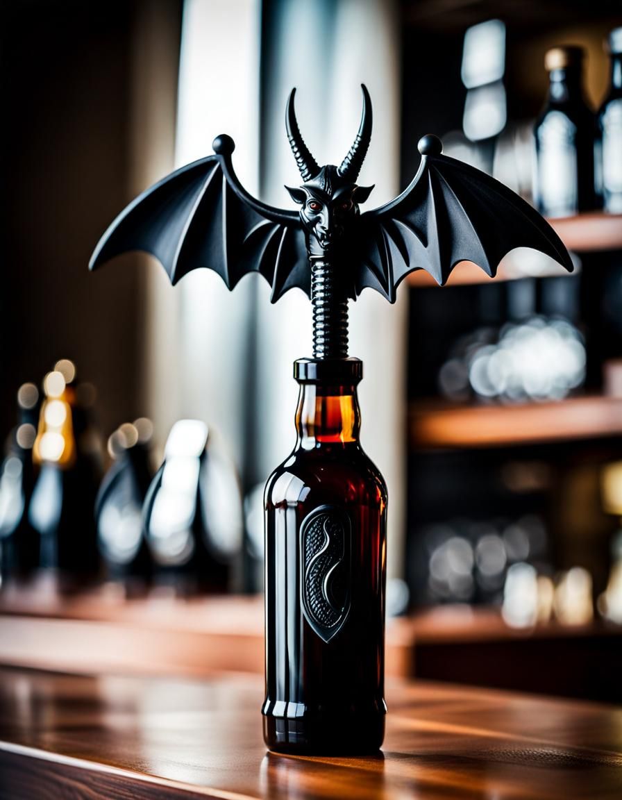 Big black corkscrew bottle opener in the shape of a winged devil with long pointed tail Professional photography, bokeh,...