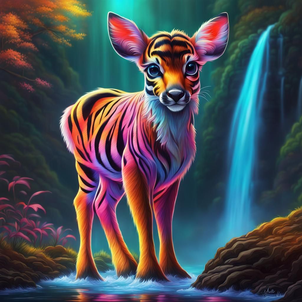 Neon Tiger Deer by Enchanted Waterfall