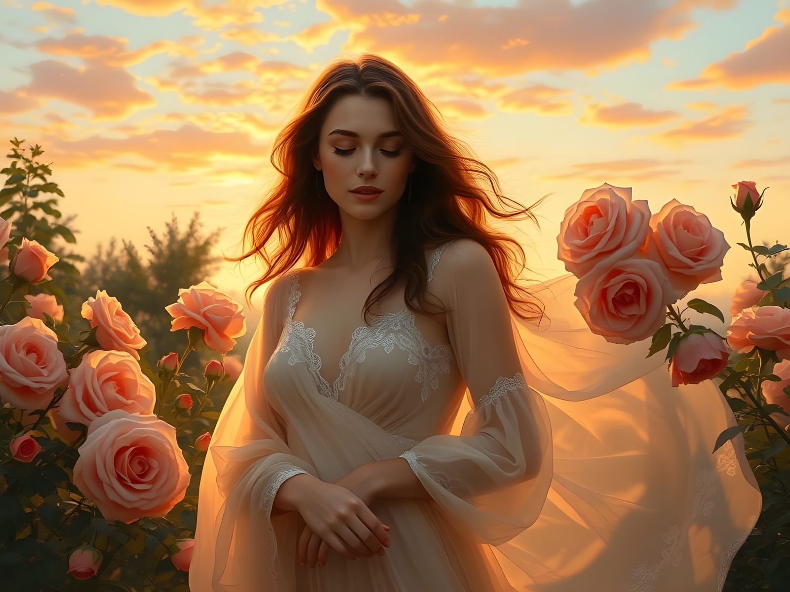 Romantic Sunset Scene with Woman and Golden Waters