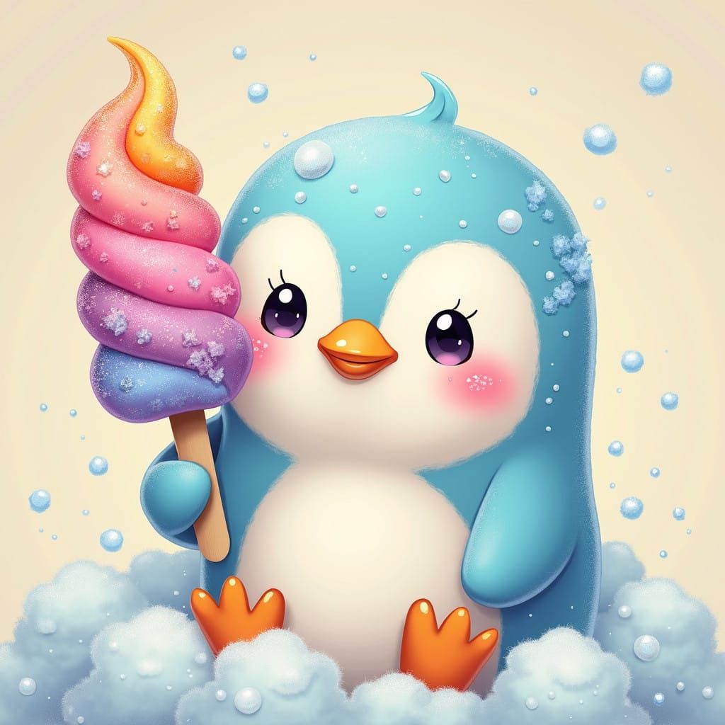 Whimsical Kawaii Penguin Savoring Pastel Popsicle in Dreamy...