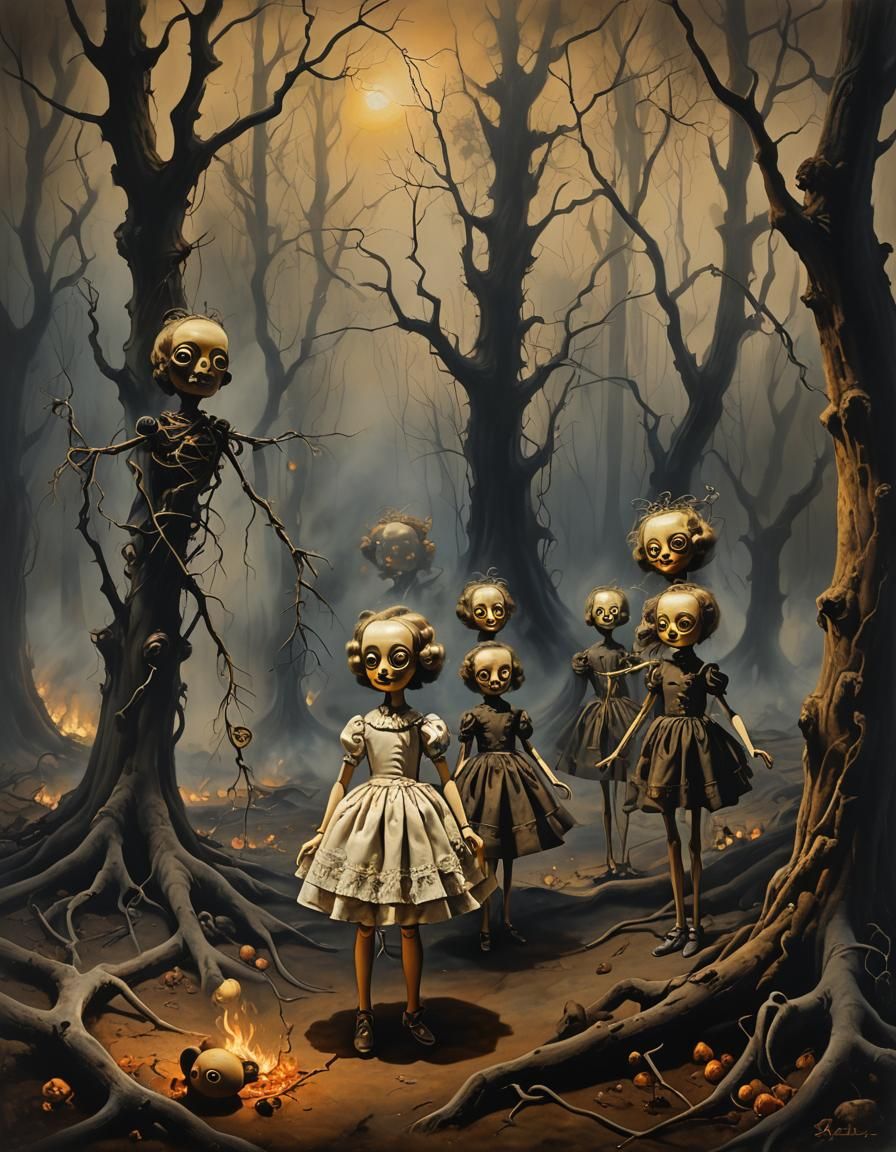 Dolls in Smoky Forest: Surrealist Oil Painting