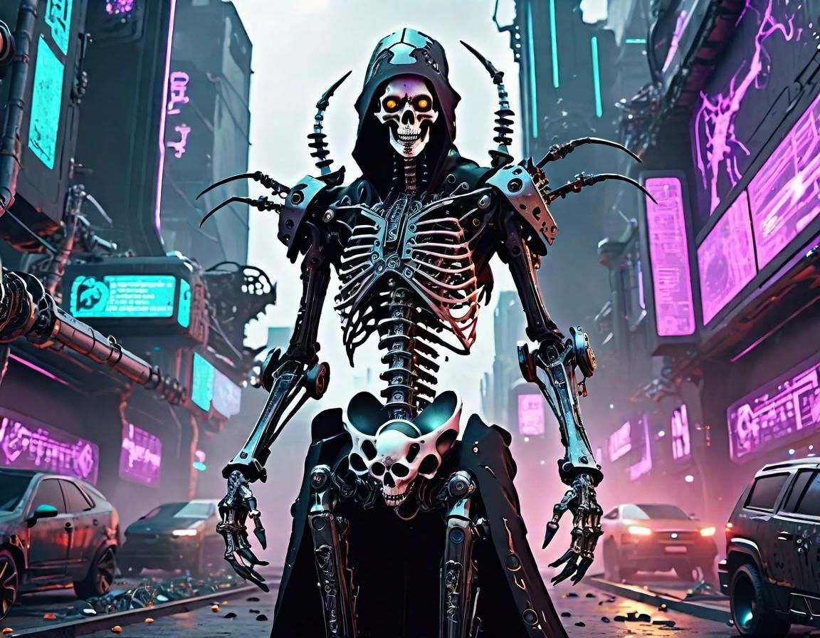 Mechanical Necromancer Casts Death Spell in Cyberpunk City