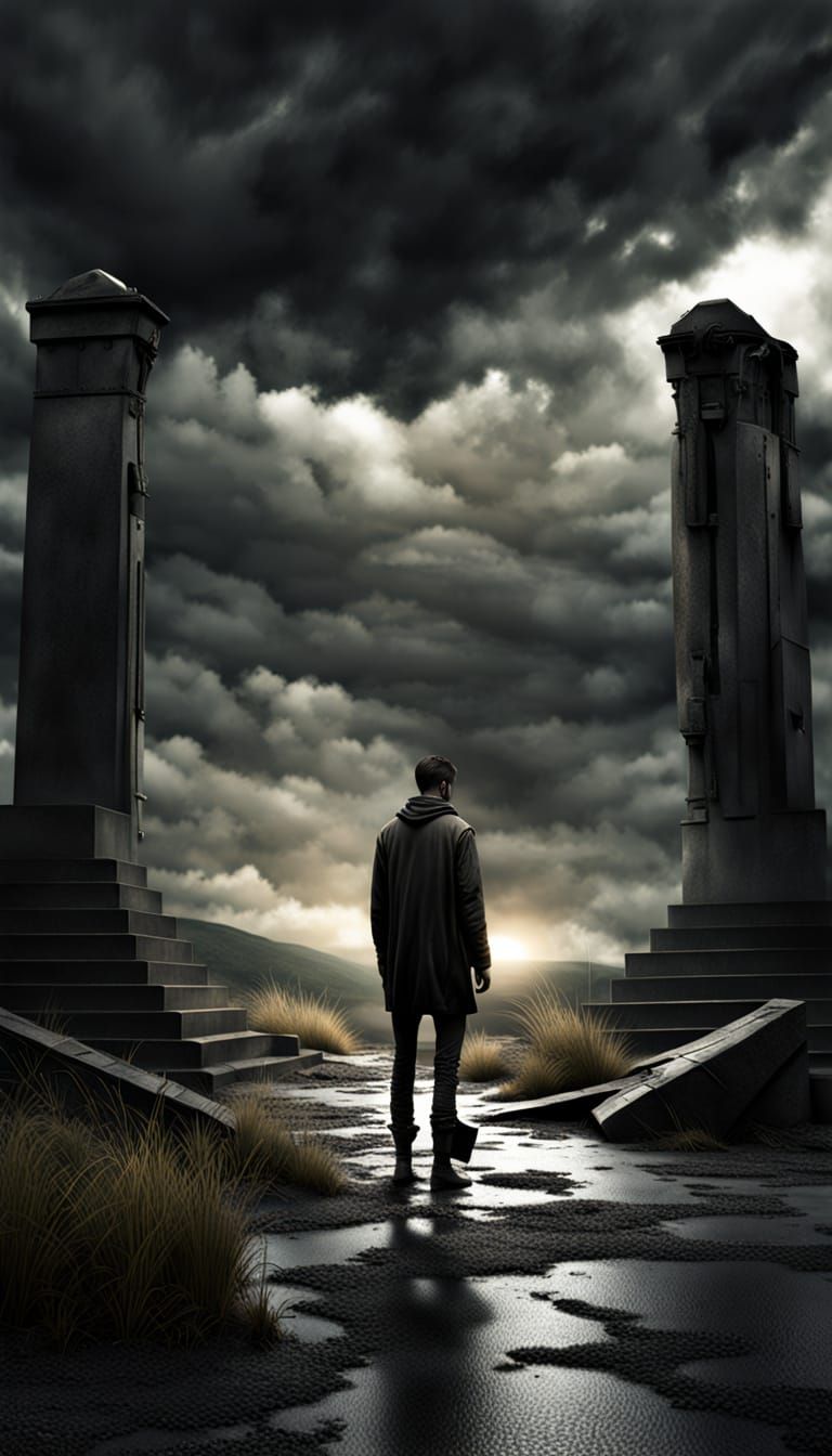 Dystopian Figure in Stormy Cityscape - Hyperrealistic Concep...