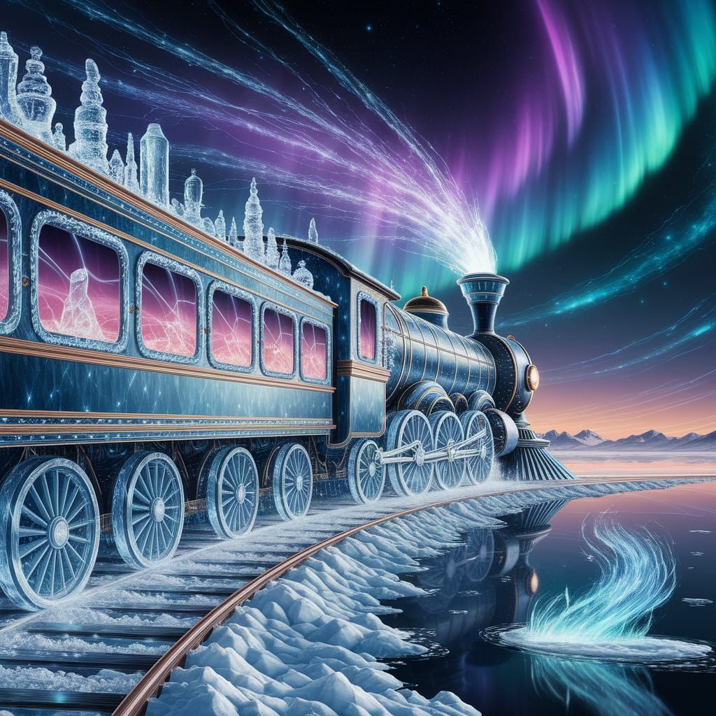 Ice and Crystal Train Pulled by Aurora Spirits