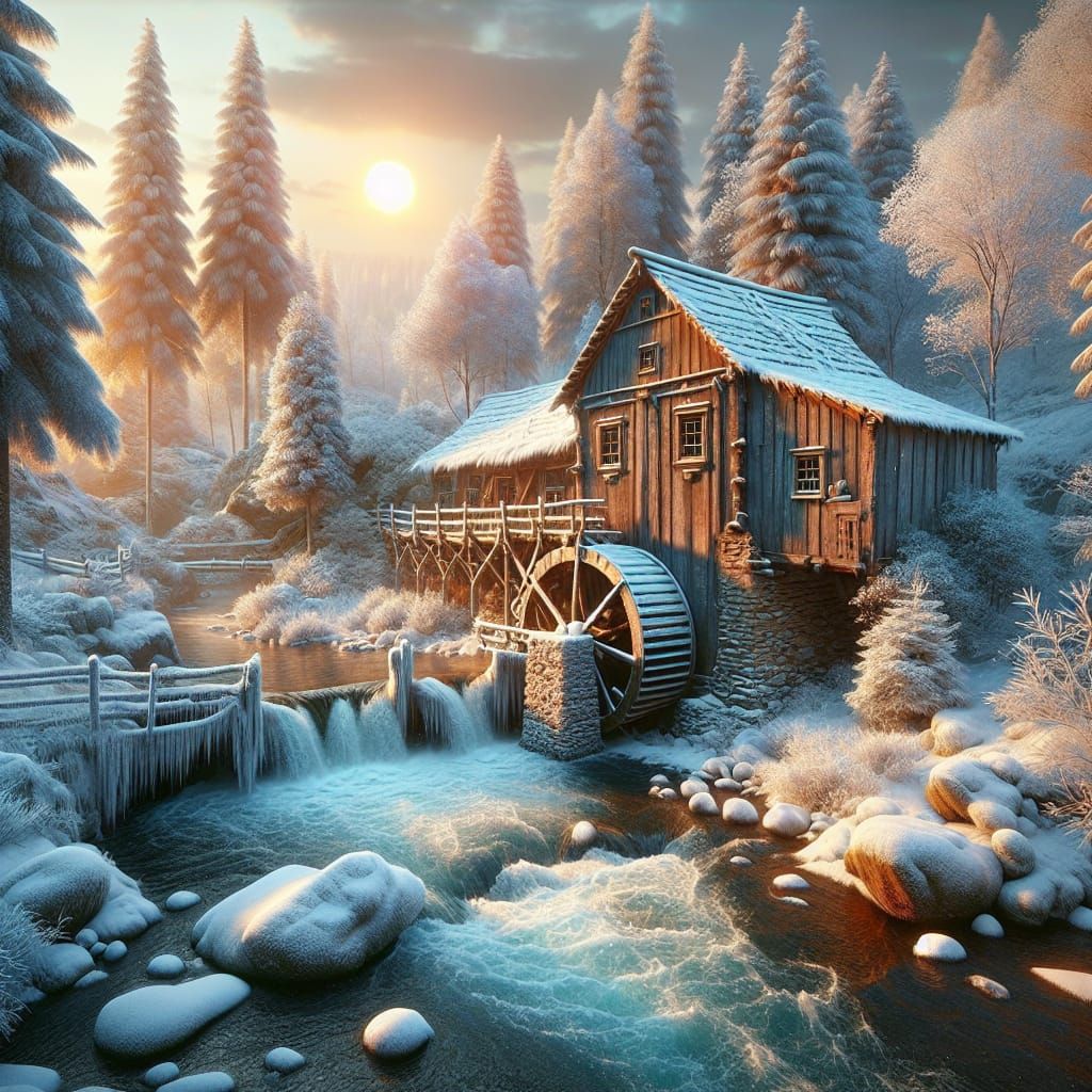 Winter Wonderland Mill in a Snowy Landscape