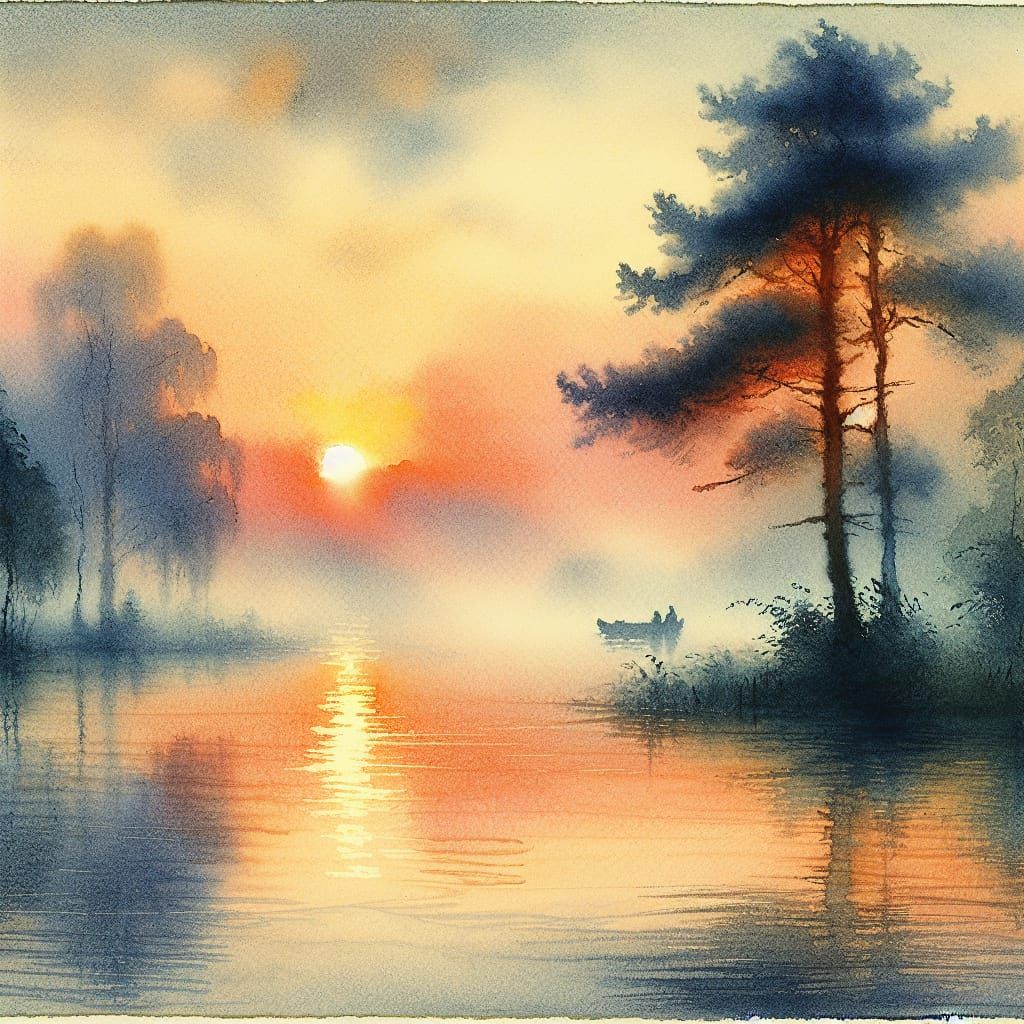 Misty Sunset Watercolor Landscape in Impressionist Style