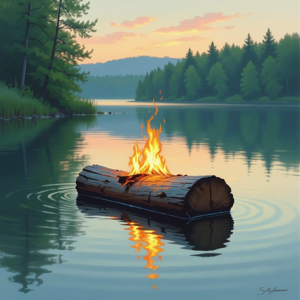 Burning Log on Serene Lake in Impressionistic Style