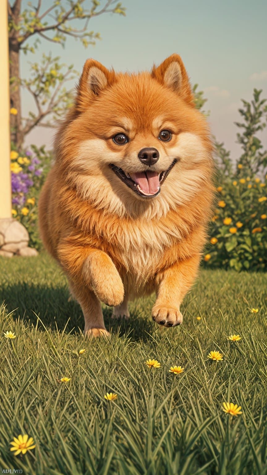 Friendly Pomeranian Walks in Backyard: Pixar-Style 3D Art