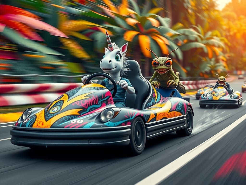 Bumpercar Chase: Unicorn, Gremlin, and Giant Grasshopper
