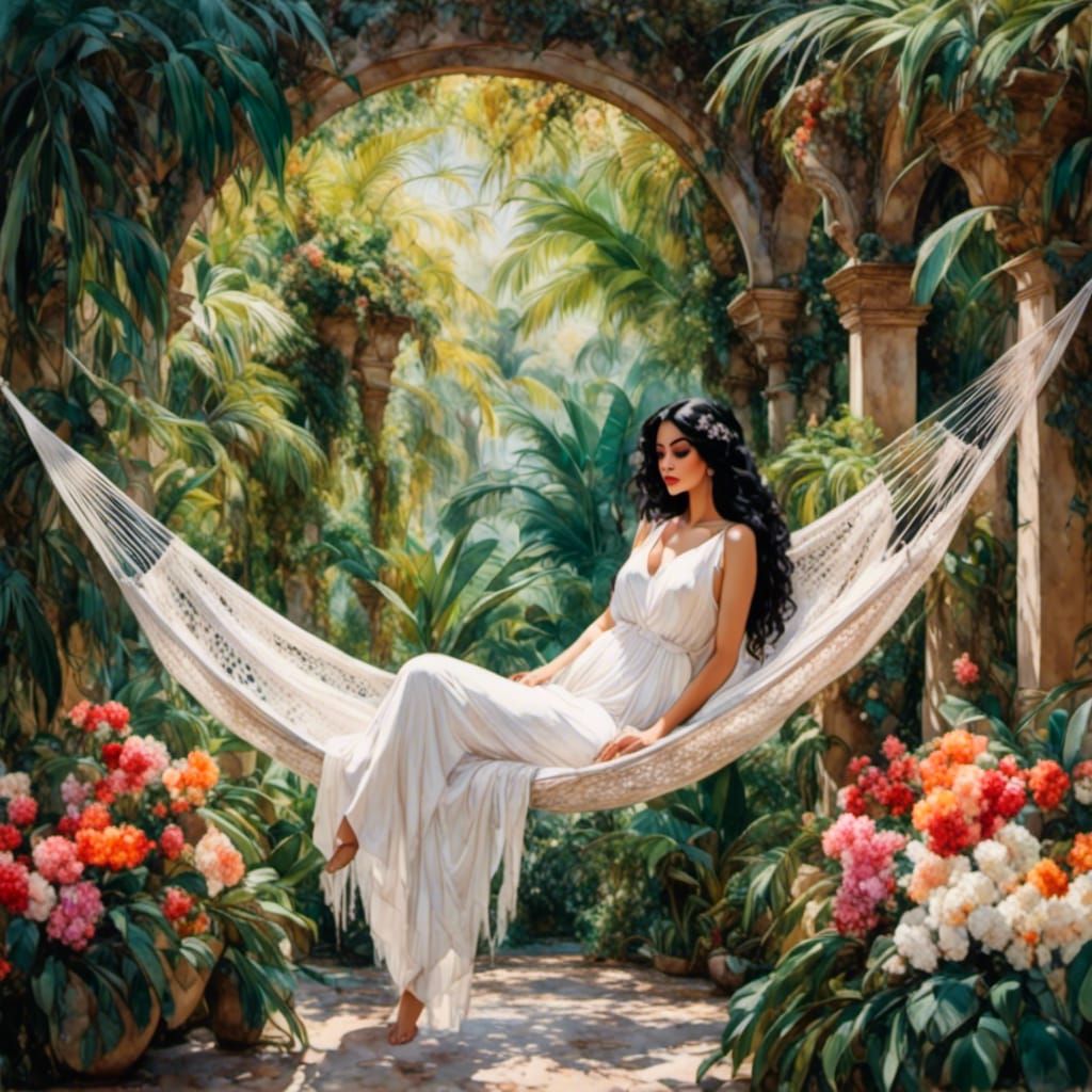 Woman in Hammock Under Pergola as Romantic Watercolor