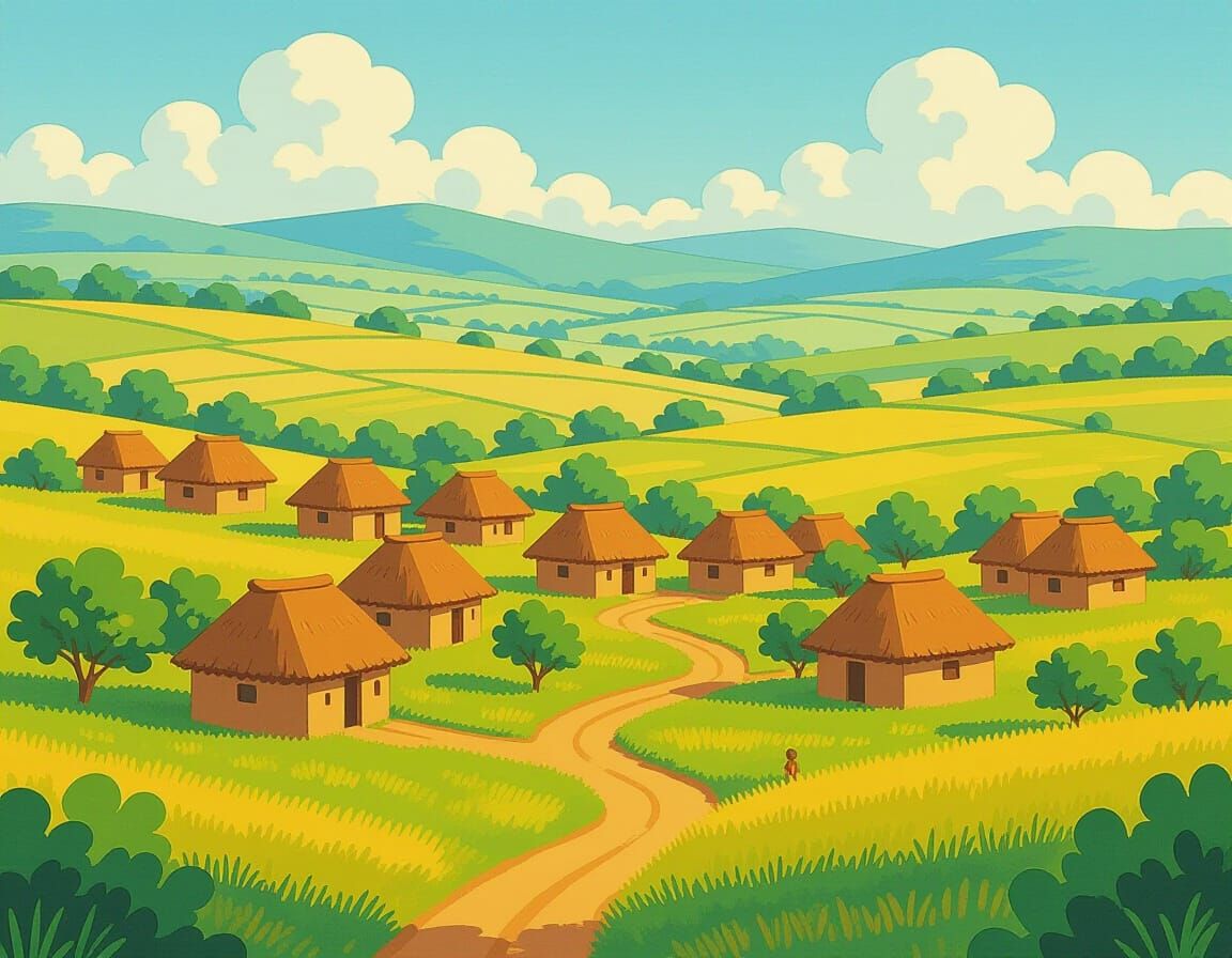 African Village in Dreamy Animated Style