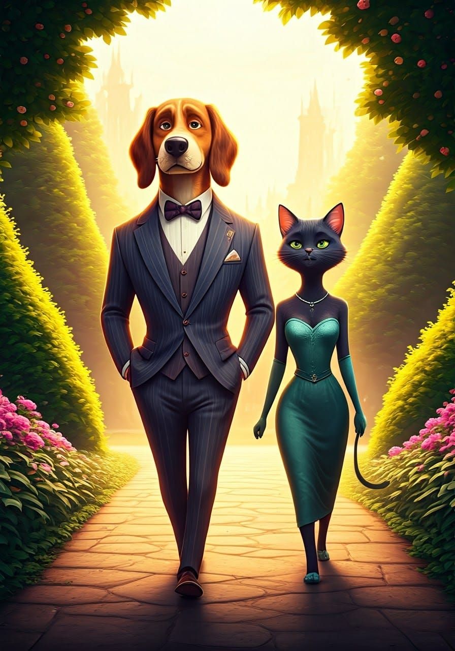 Anthropomorphic Dog and Cat Enjoy a Leisurely Stroll in an E...