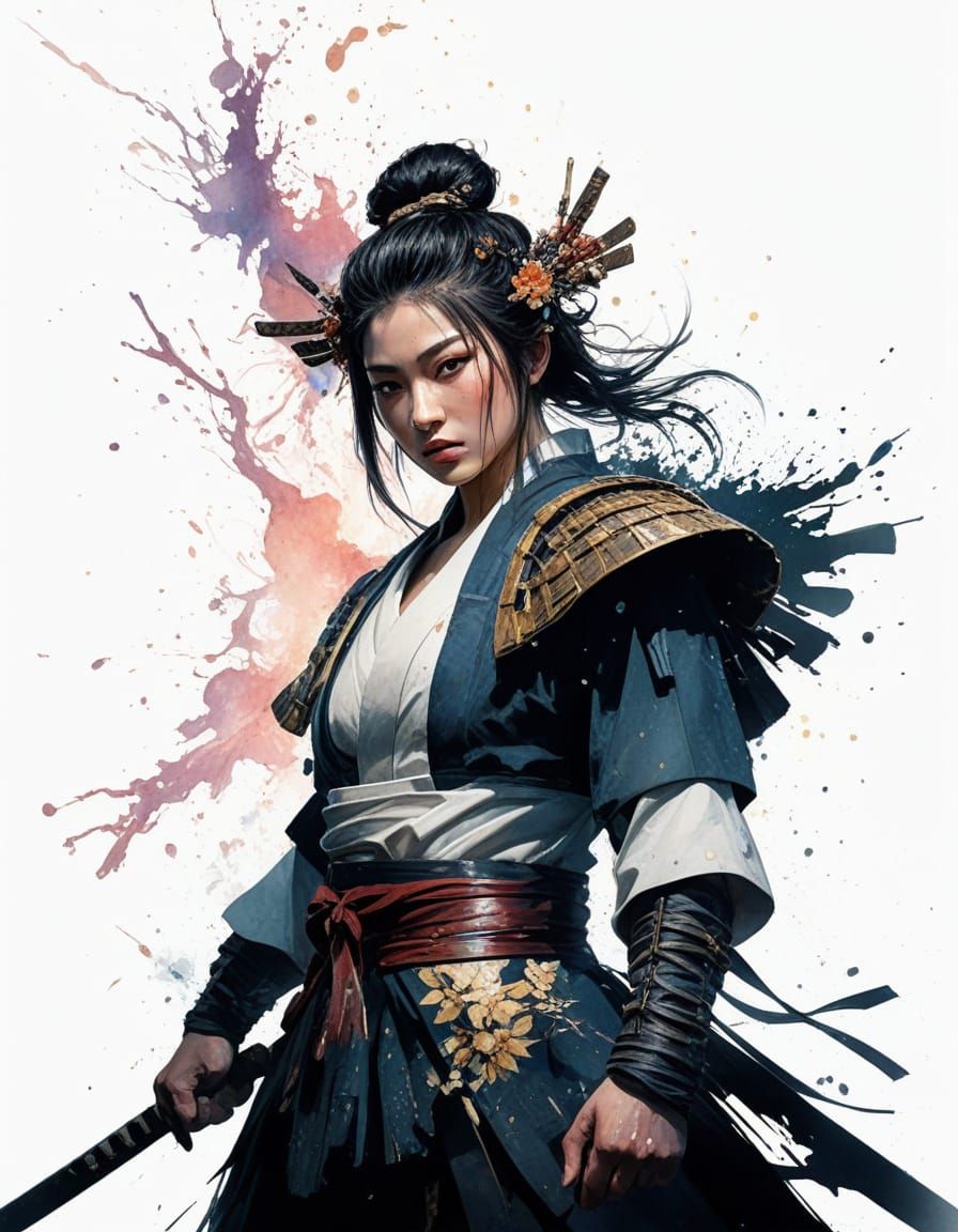 Imposing Shogun in Burning Village: Ink Splatter Art