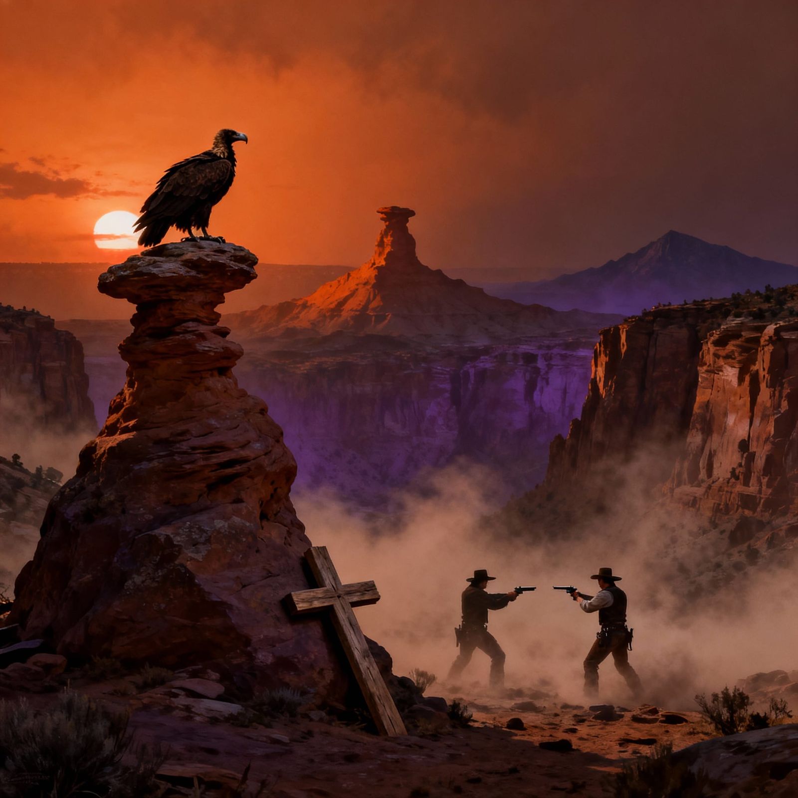 Dueling Cowboys in a Dusty Canyon at Dusk