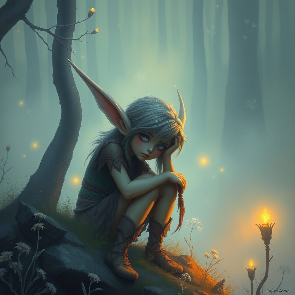 Living in a blue dream, sad Elf ethereal fantasy hyperdetail...