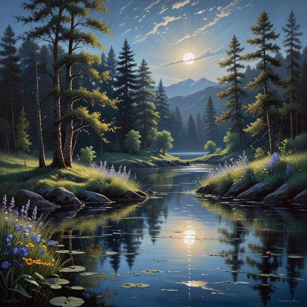 Moonlit Lake in Romantic Oil Painting Style