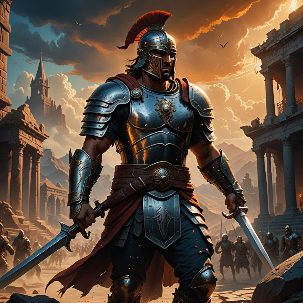 Roman Gladiator in Heroic Stance, Saber in Hand, Facing the...