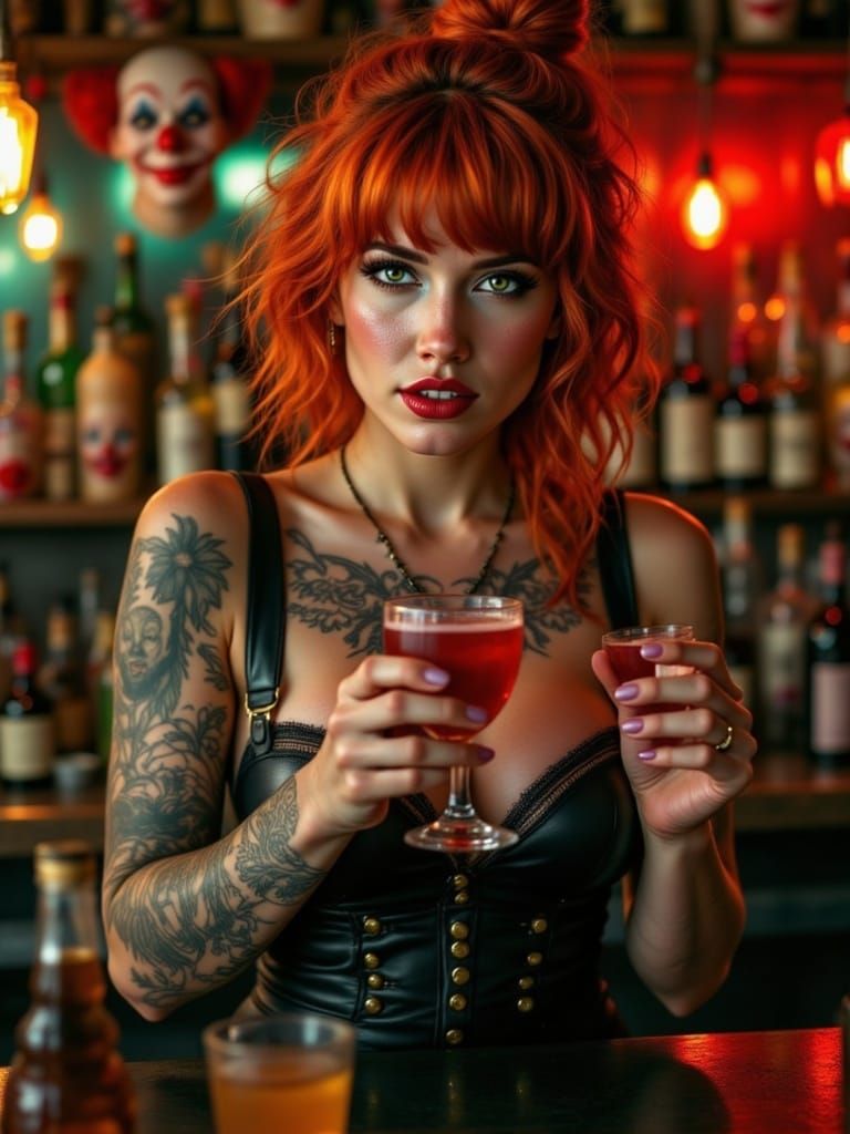 Dramatic Portrait of a Fiery Red-Haired Bartender