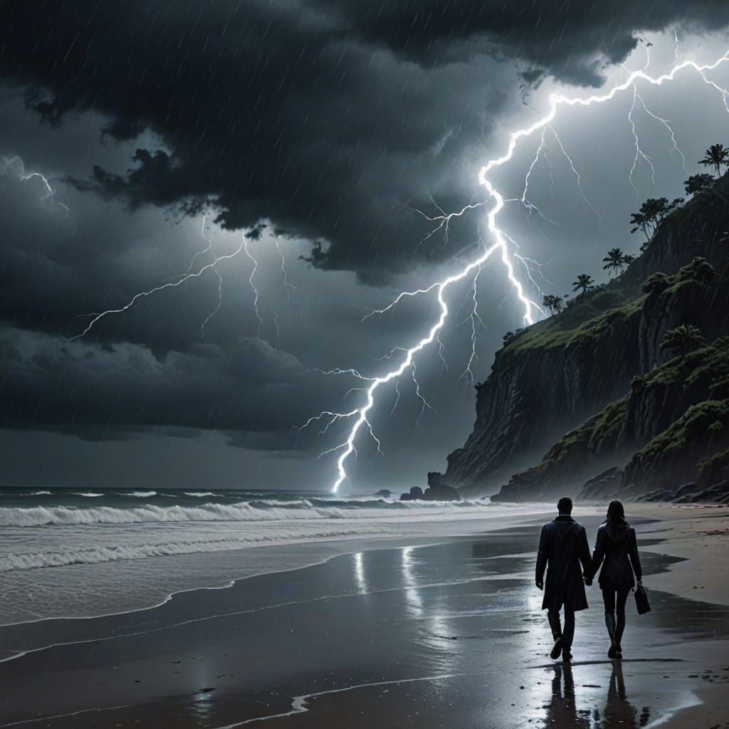 Dramatic Beach Scene: Couple Silhouetted Against Lightning S...