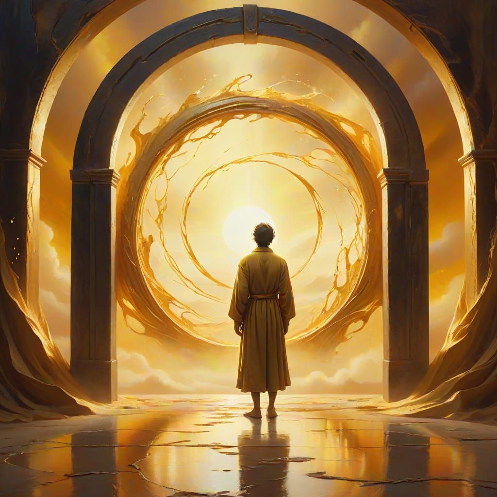Surreal Figure Before Golden Portal in Vibrant Oil Painting