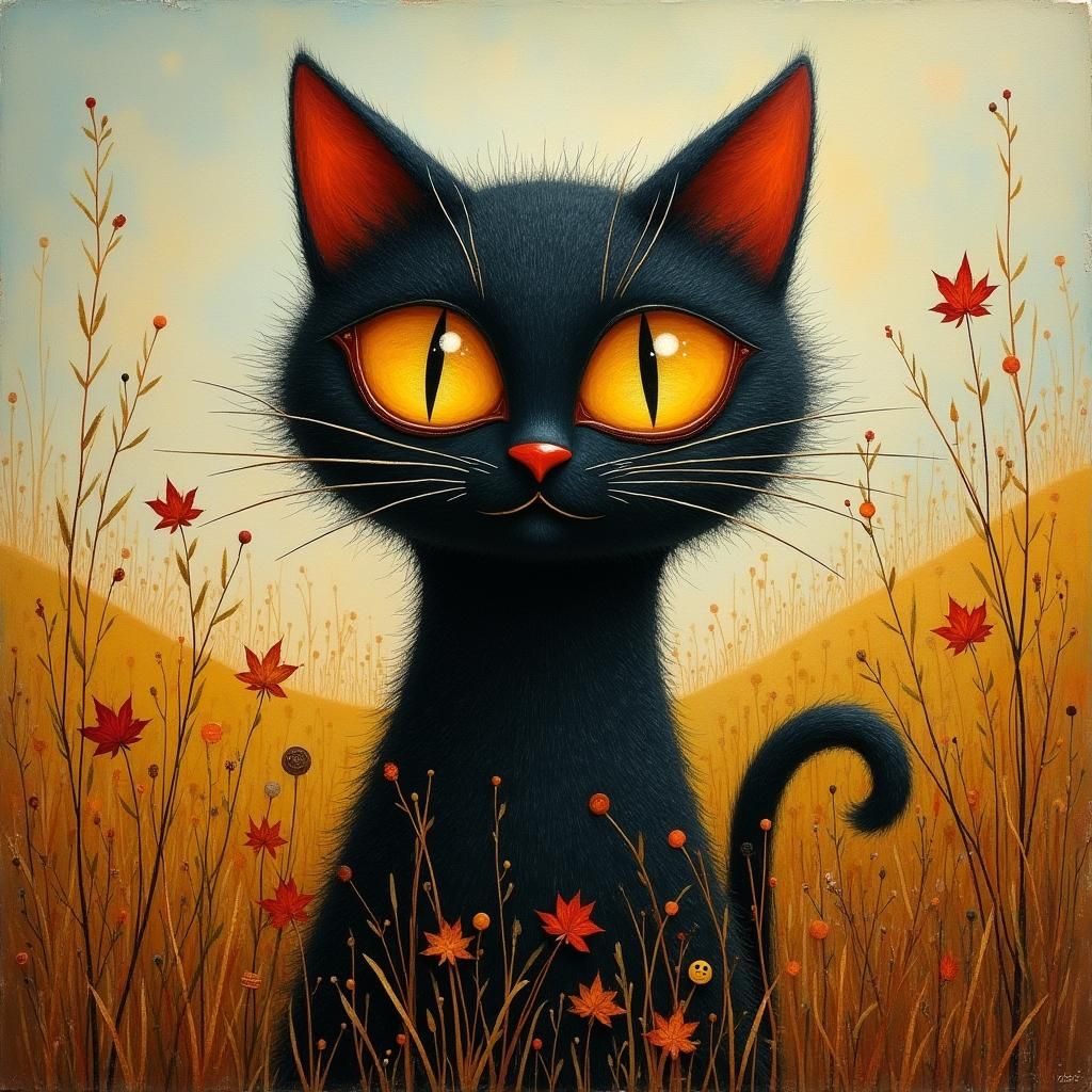 Art Brut Black Cat on Windy Autumn Hill