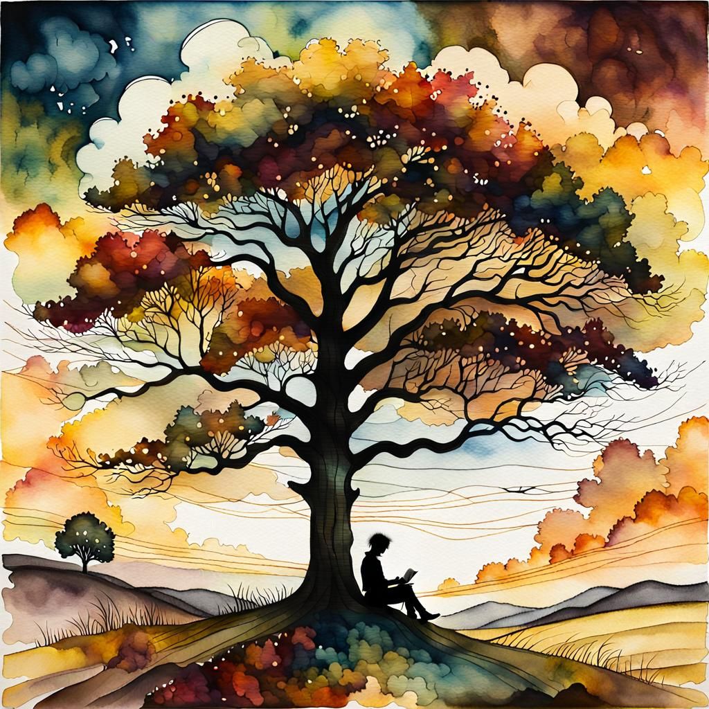 Silhouette Reading Under Autumn Tree in Watercolour