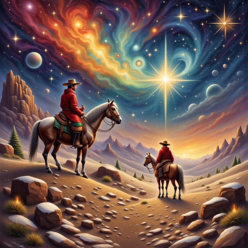 Cowboy on Horseback Under Nebula Sky on Christmas Day