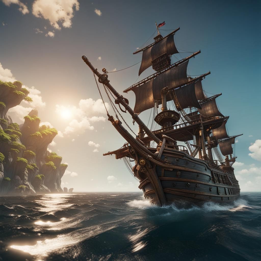 Pirate Ship on the Water in 3D Cinematic Style