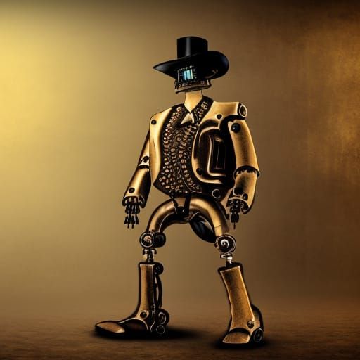 steampunk, cowboy robot, full body pristine, background steampunk town, sharp image, steampunk engine