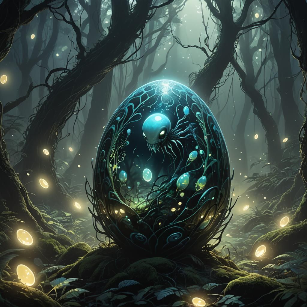 Bioluminescent Alien Emerges in Misty Forest