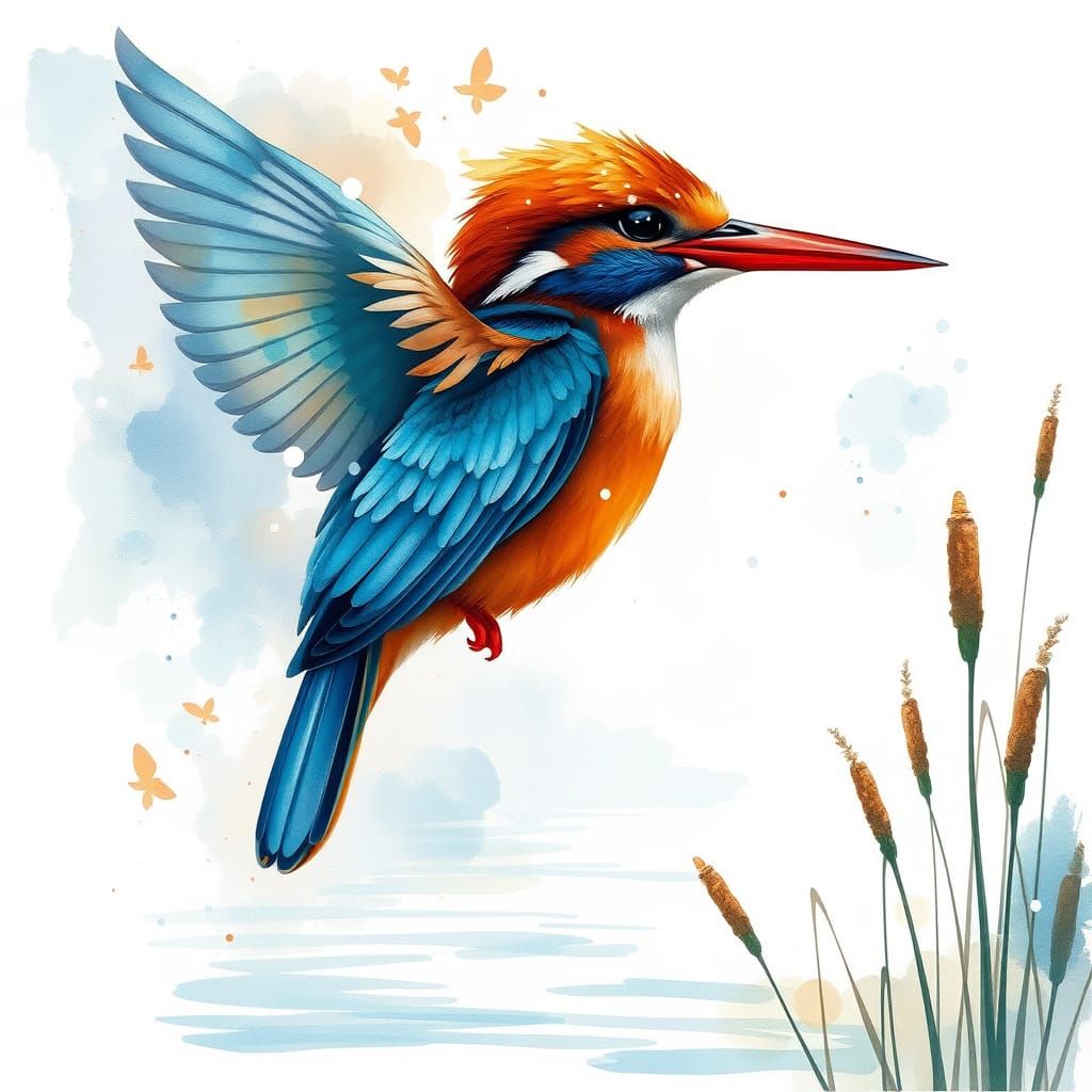 Surreal Watercolor-Style Kingfisher in Flight Above Serene R...