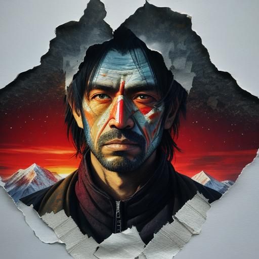 Torn paper collage - Stunning photorealistic devastated face portrait in Himalayas, beautiful winter sunrise. Red moon. ...