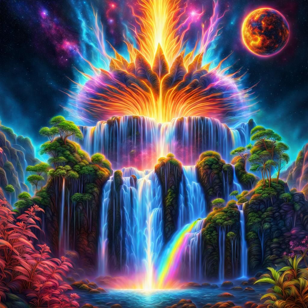 Burning Waterfall with Holographic Astral Plants