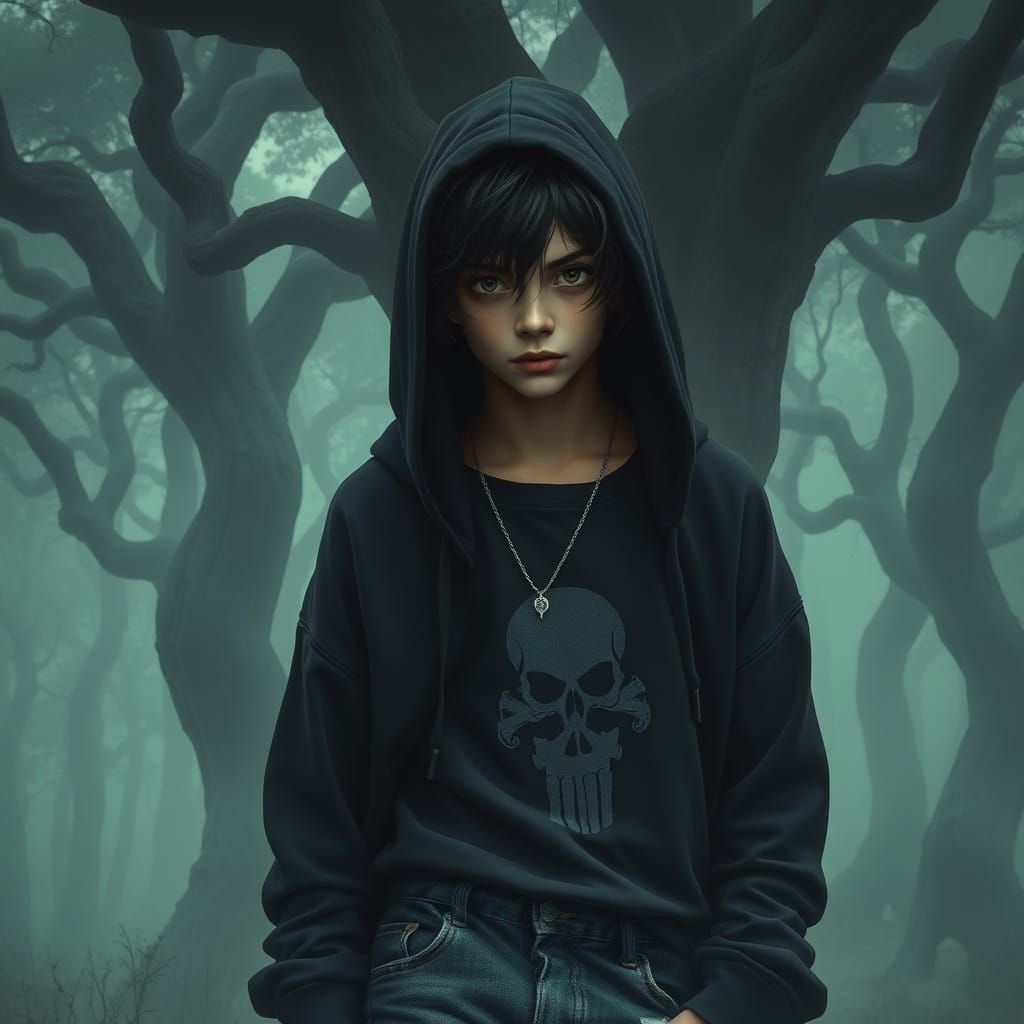 Mysterious Youth with Ethereal Aura in Primeval Forest