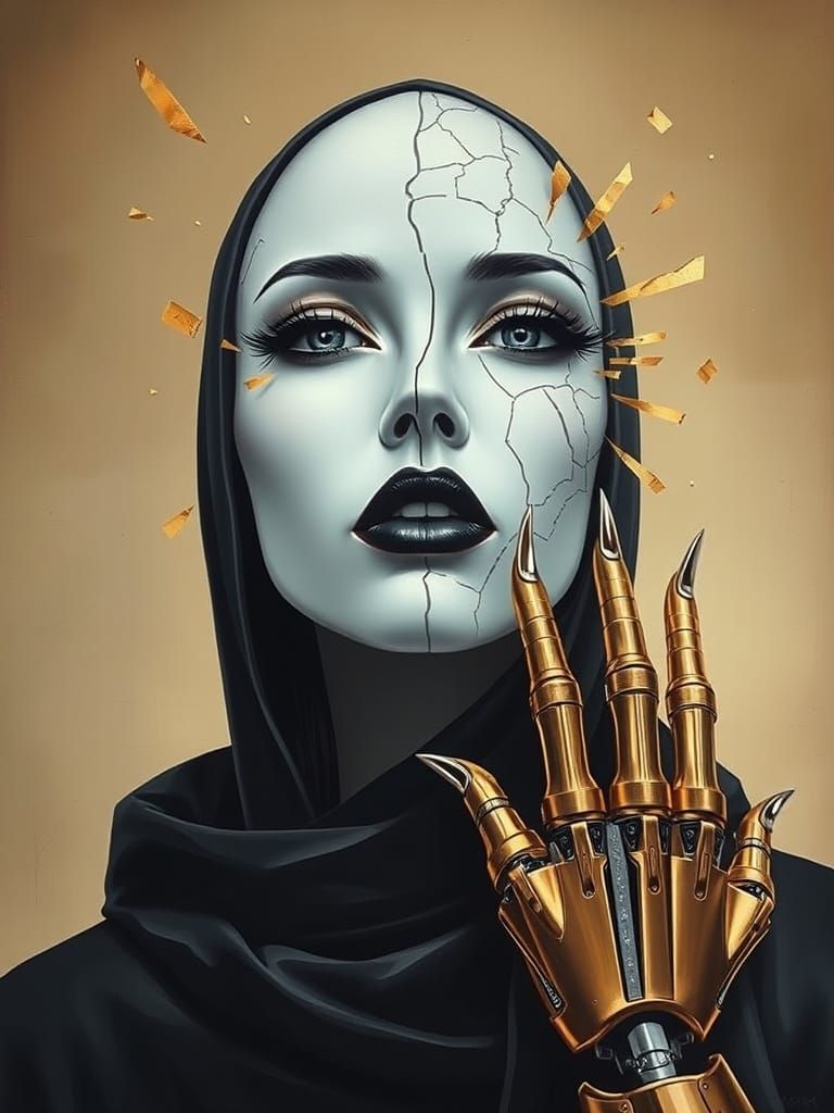 Hyperrealistic Girl with Cracked Skin and Bionic Arm