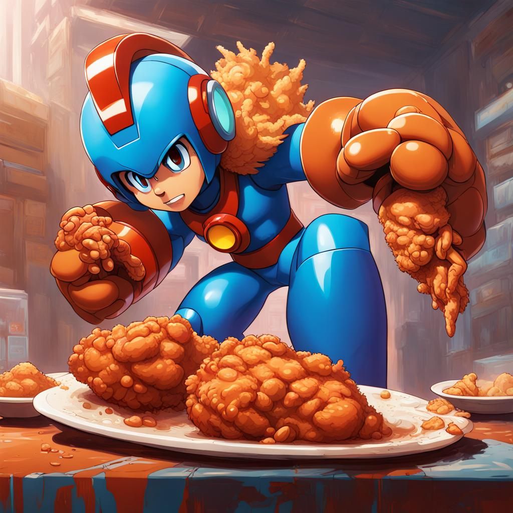 Mega-Man's Fried Chicken Feast: Hyperrealistic Concept Art