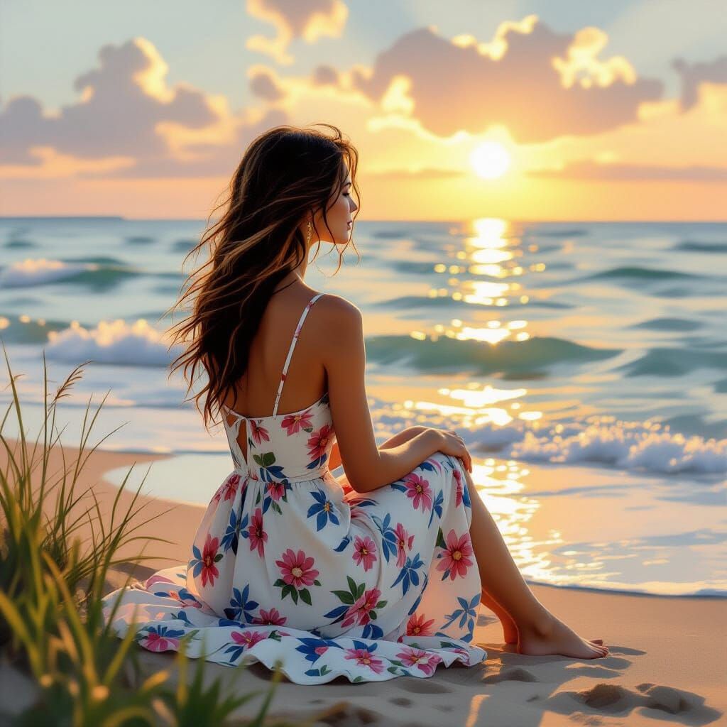 Serene Woman on Beach at Golden Hour