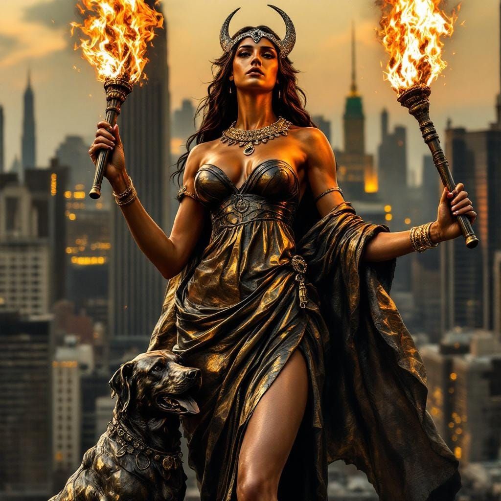 Hecate Statue with Torches and Bronze Dogs