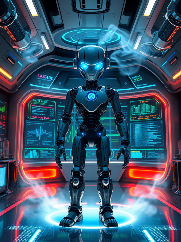 Futuristic Robot Processes Data in Cyberpunk Lab