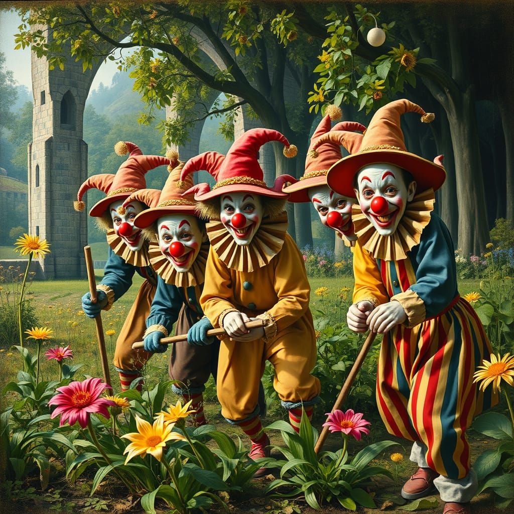 Clowns Weeding in a Medieval Oil Painting Style