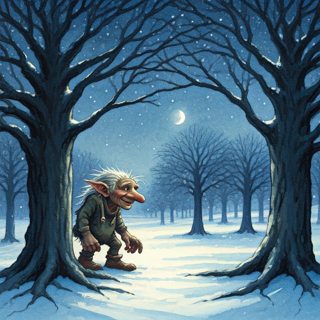 Lone Troll in Moonlit Orchard Watercolor