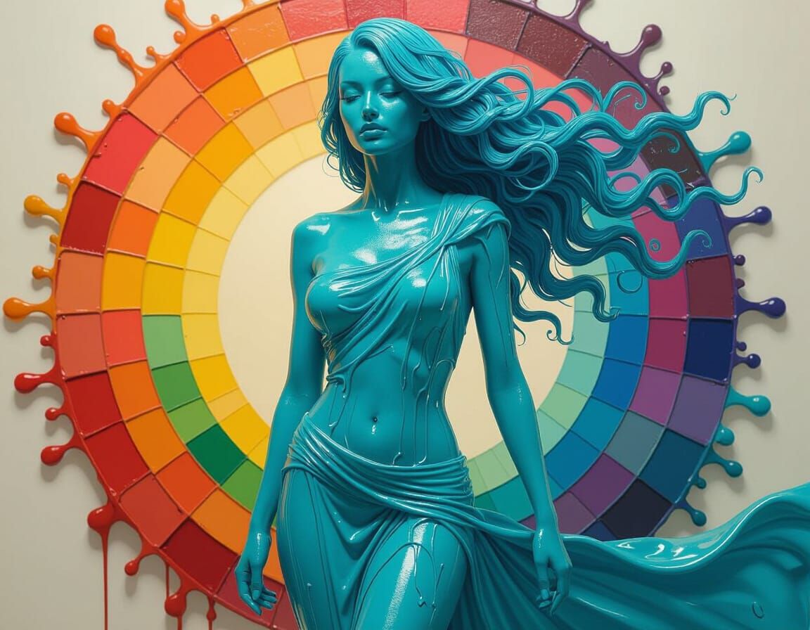 Turquoise Paint Woman in Surreal Oil Painting