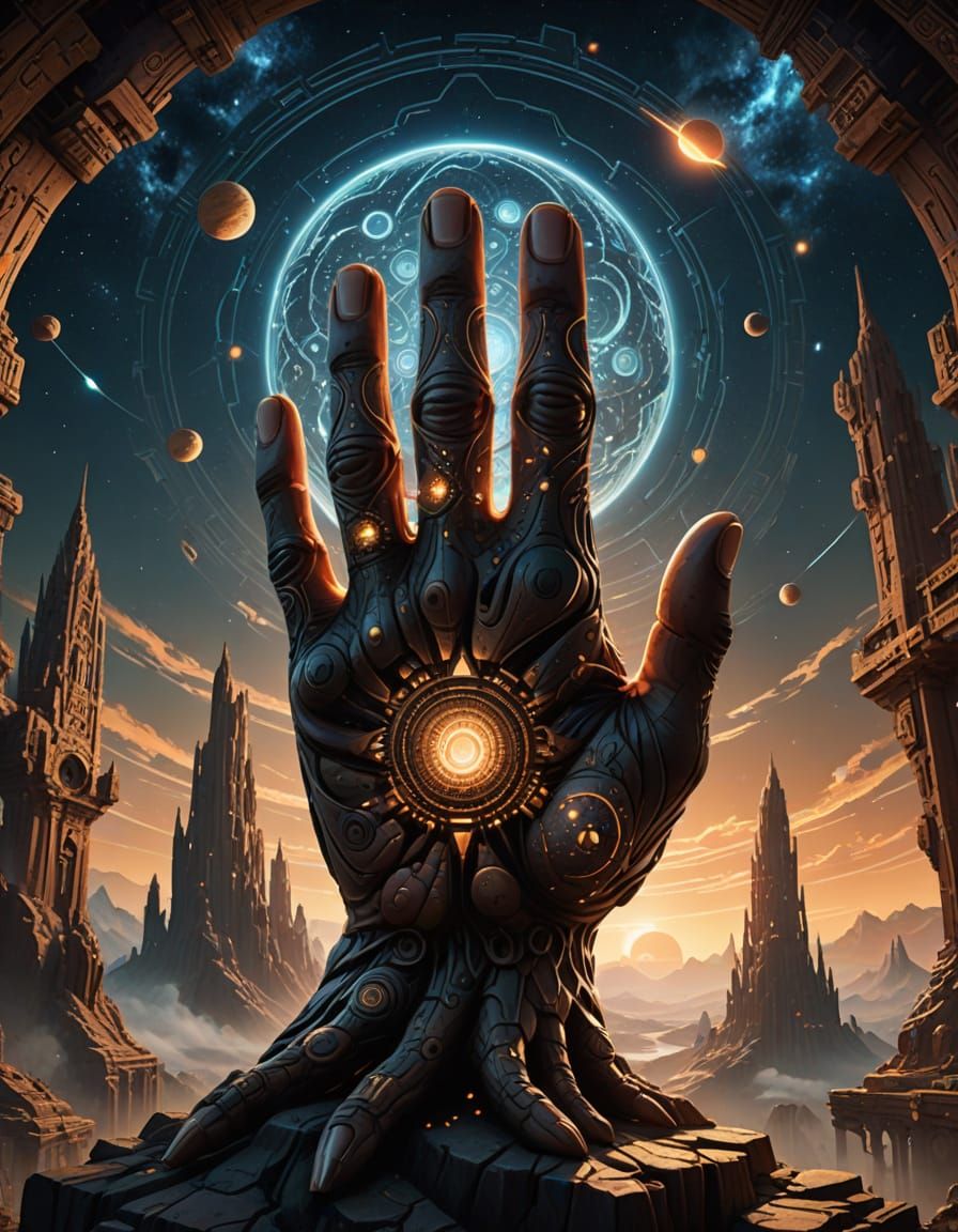 Colossal Hands Perform Ritual Holding Geometric City Structu...