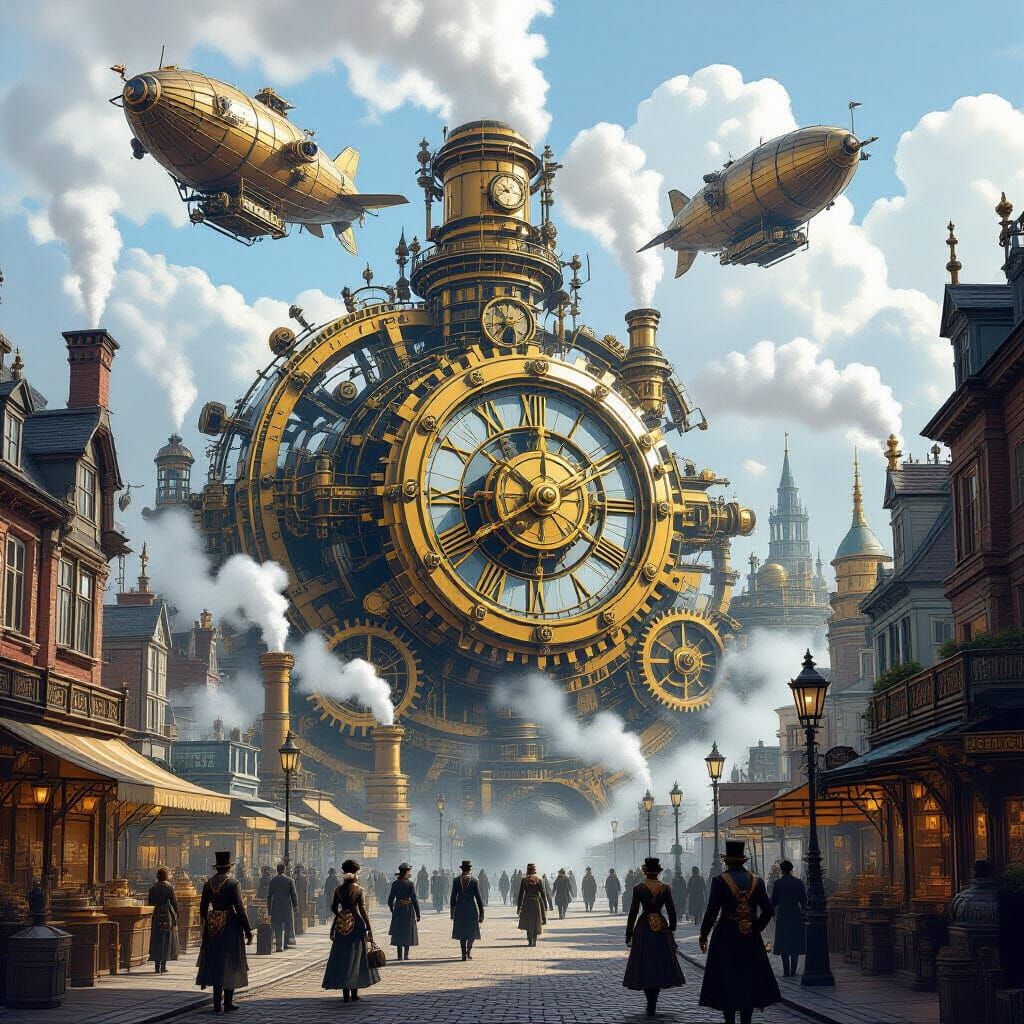 Steampunk Cityscape: Clockwork Gears and Airships