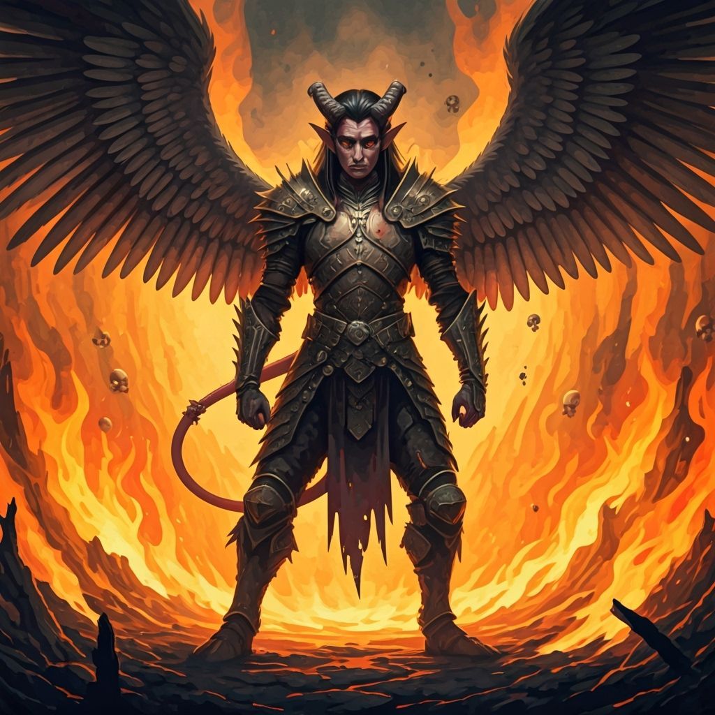 Fallen Tiefling Angel Posing Fiercely Amidst Fiery Pits