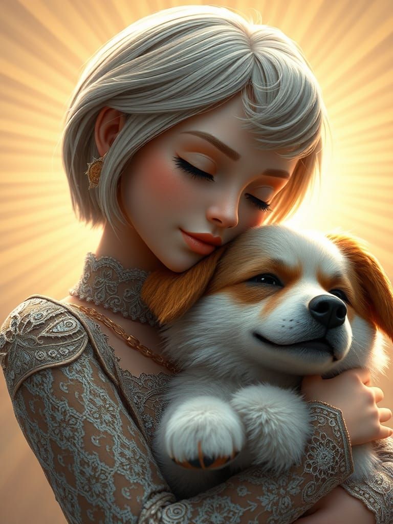 Girl Embraces Dog in Pixar-Style 3D Rendering