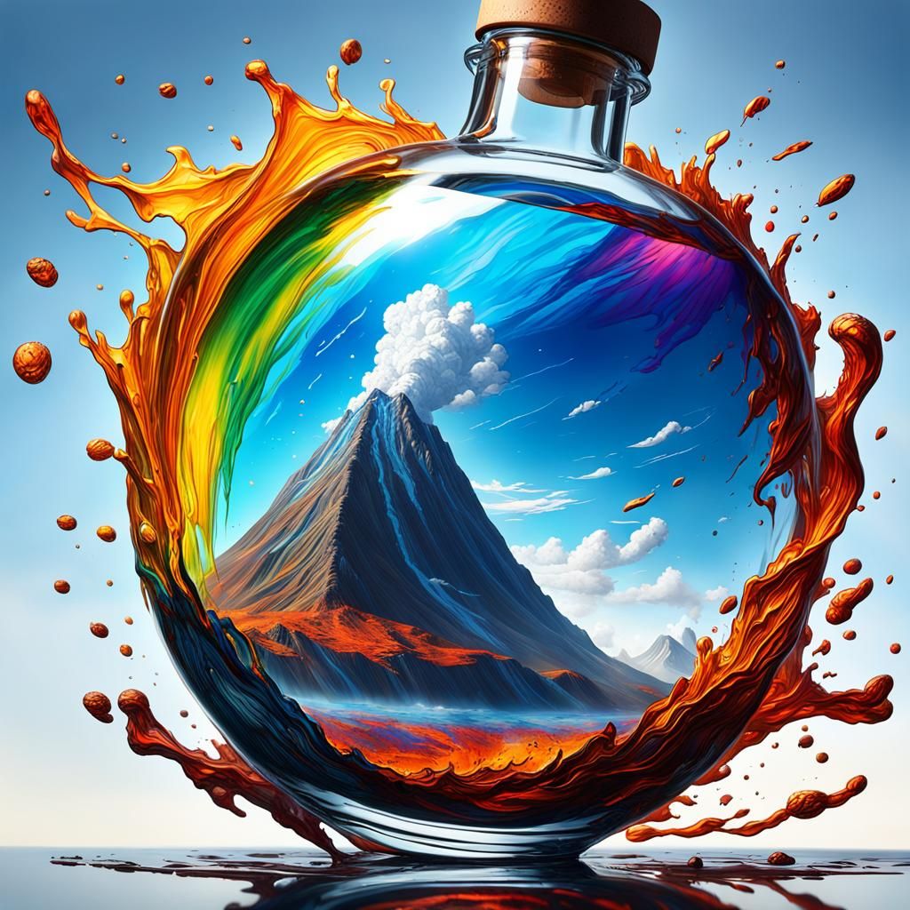 Volcano Eruption Inside Glass Bottle, Splash Art